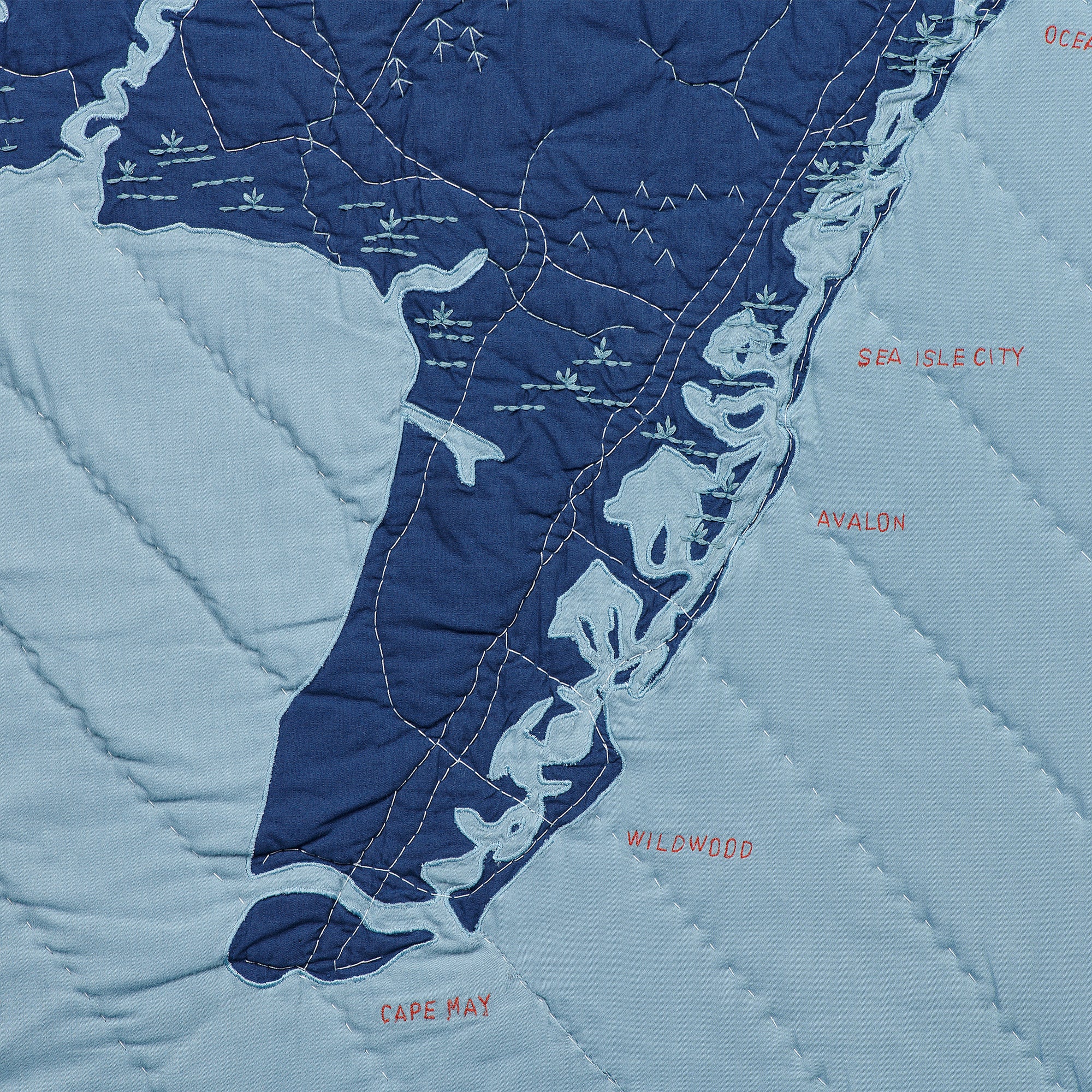 Detail Shot of the Jersey shore coastal quilt from Cape May to Sea Isle City in steel blue and navy.