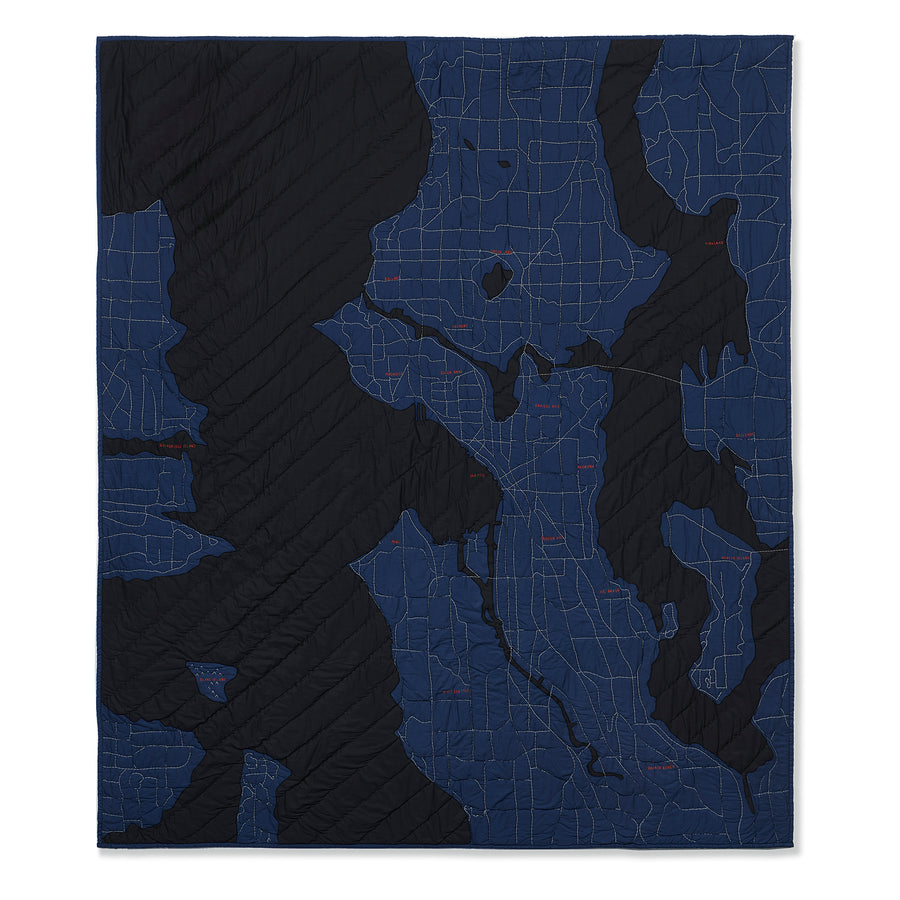 Navy and black map quilt of the city of Seattle. Haptic Lab