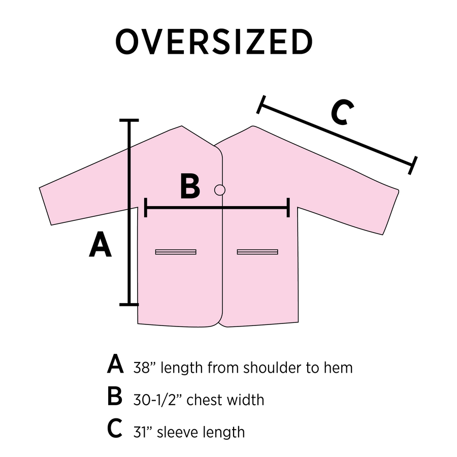 Measurement chart for an oversized coat with labeled dimensions on a white background