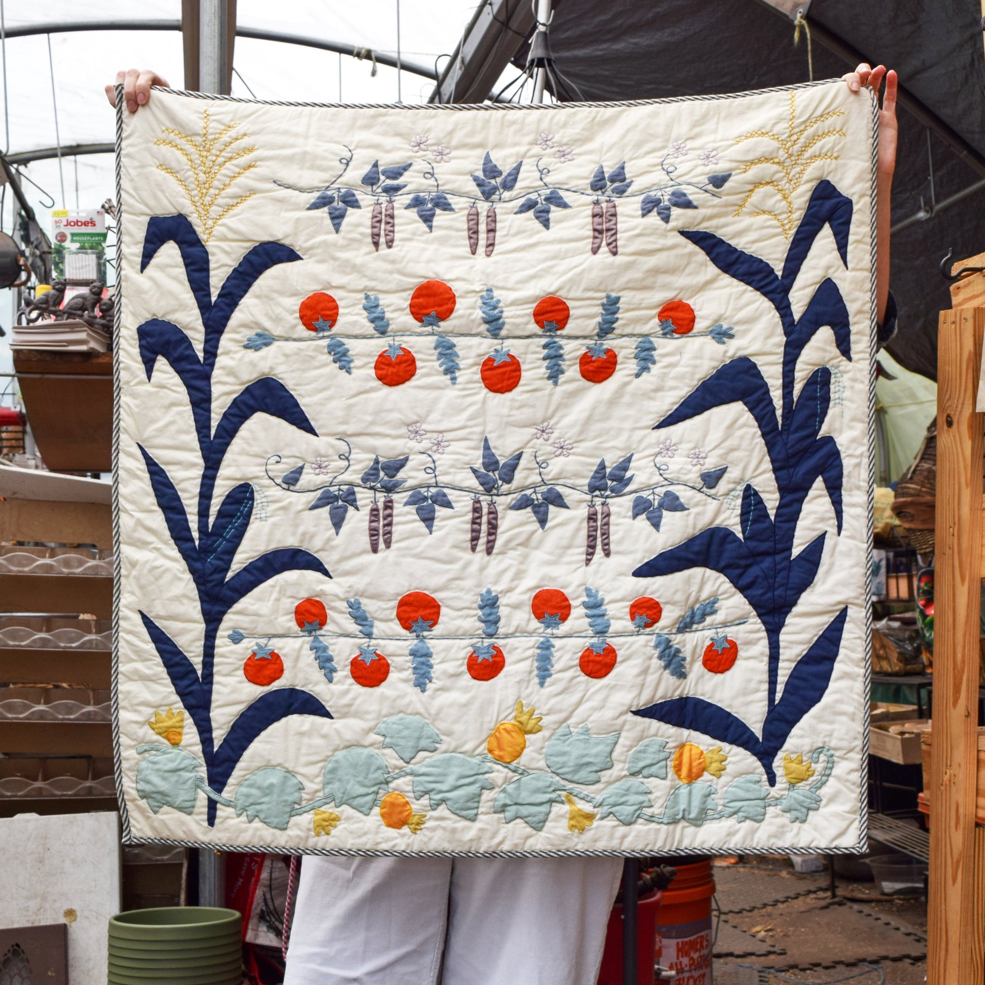 Garden Quilt with tomatoes, sweet peas, corn and squash