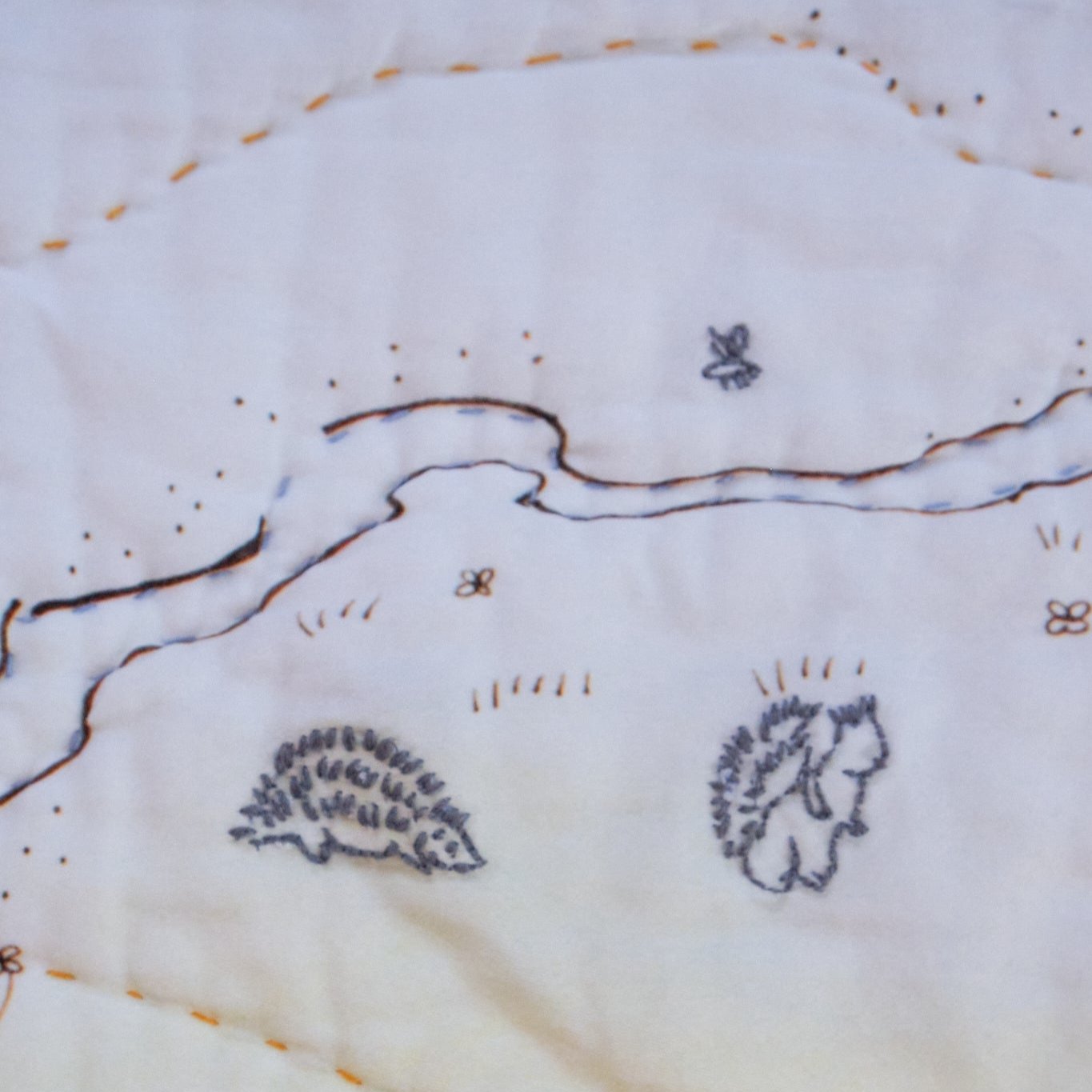 details on the embroidered hedgehogs on the Hundred Acre Wood map