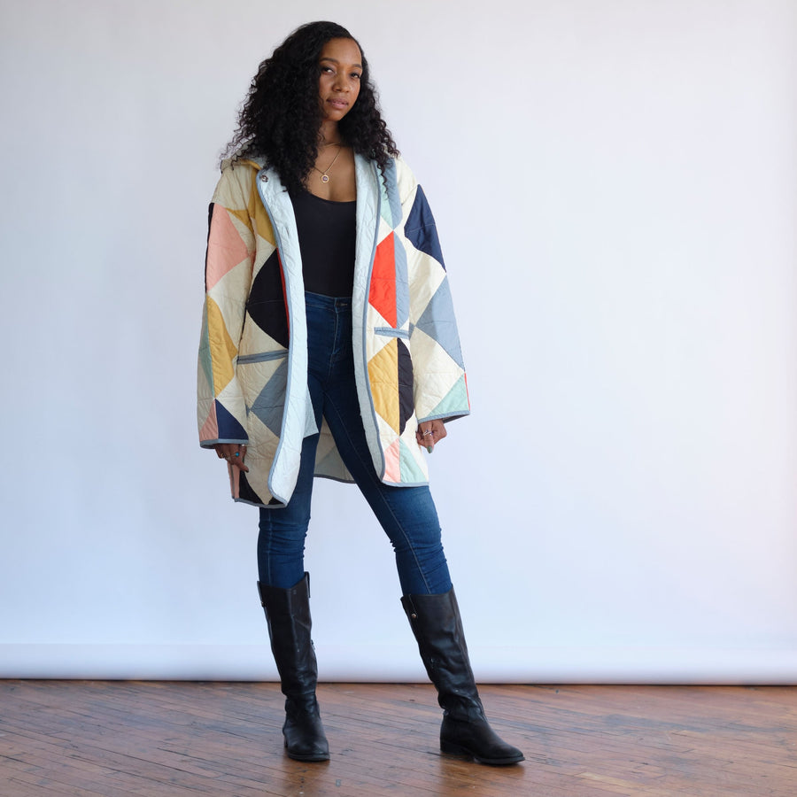 Harlequin Quilt Coat_ ivory coat with multicolored diamond patchwork. Quilt Coat by Haptic Lab