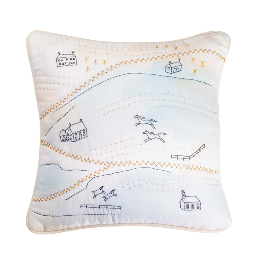 Haptic Lab embroidered pillow with farmstead design and horses