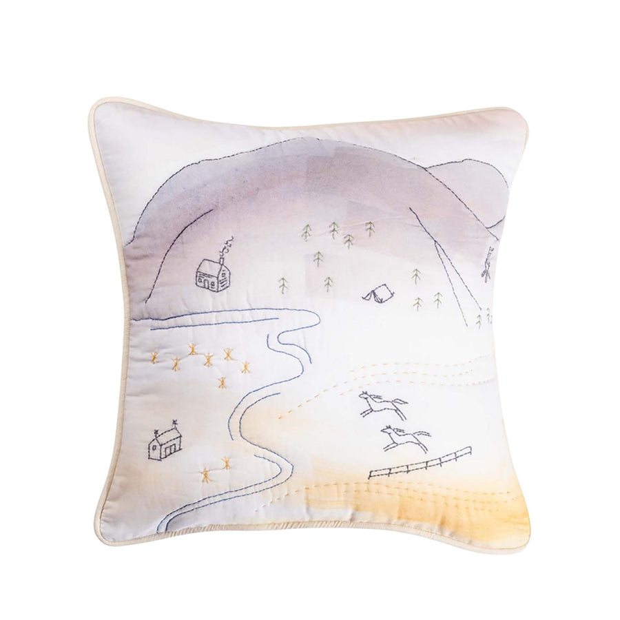 Haptic Lab embroidered pillow with mountain cabin and horses