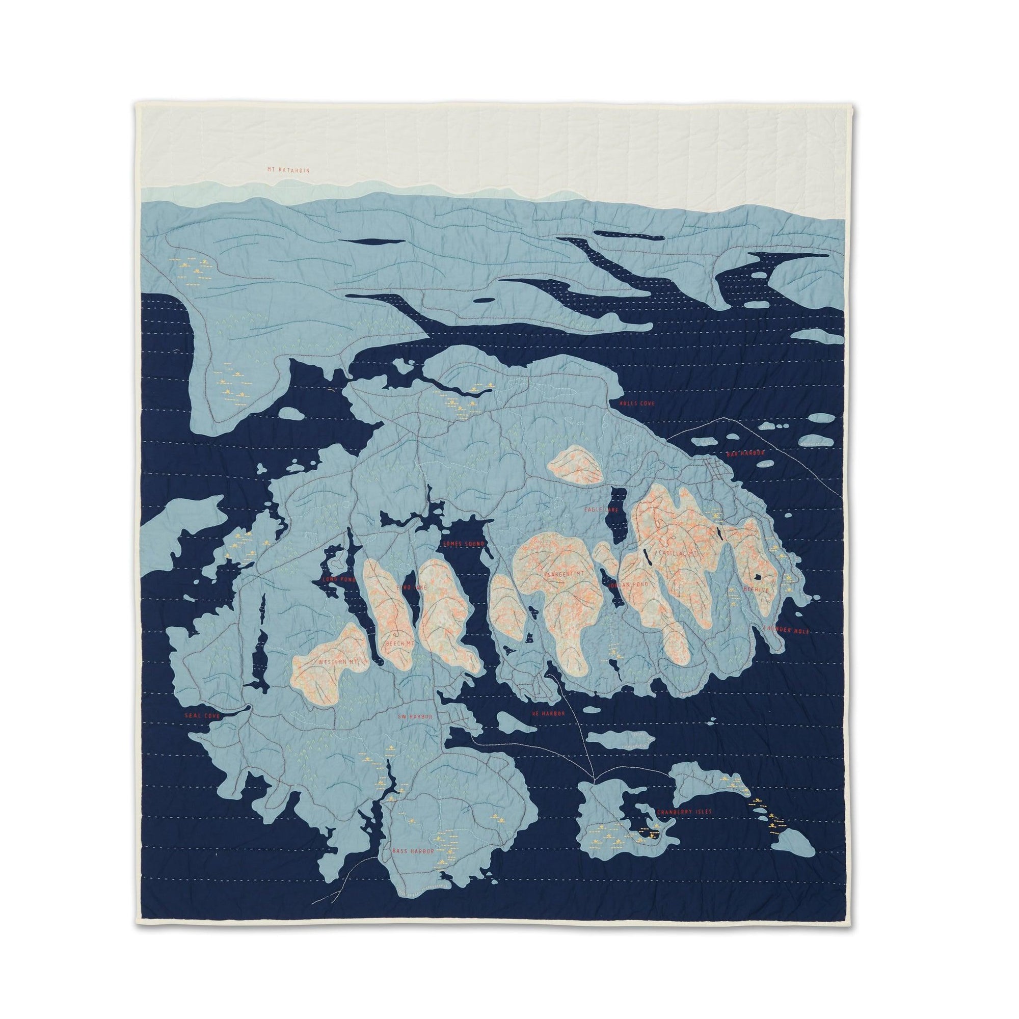 Acadia National Park Map Quilt by Haptic Lab with hand stitched embroidery detailing hiking trails, forests and the rocky shoreline of Maine.