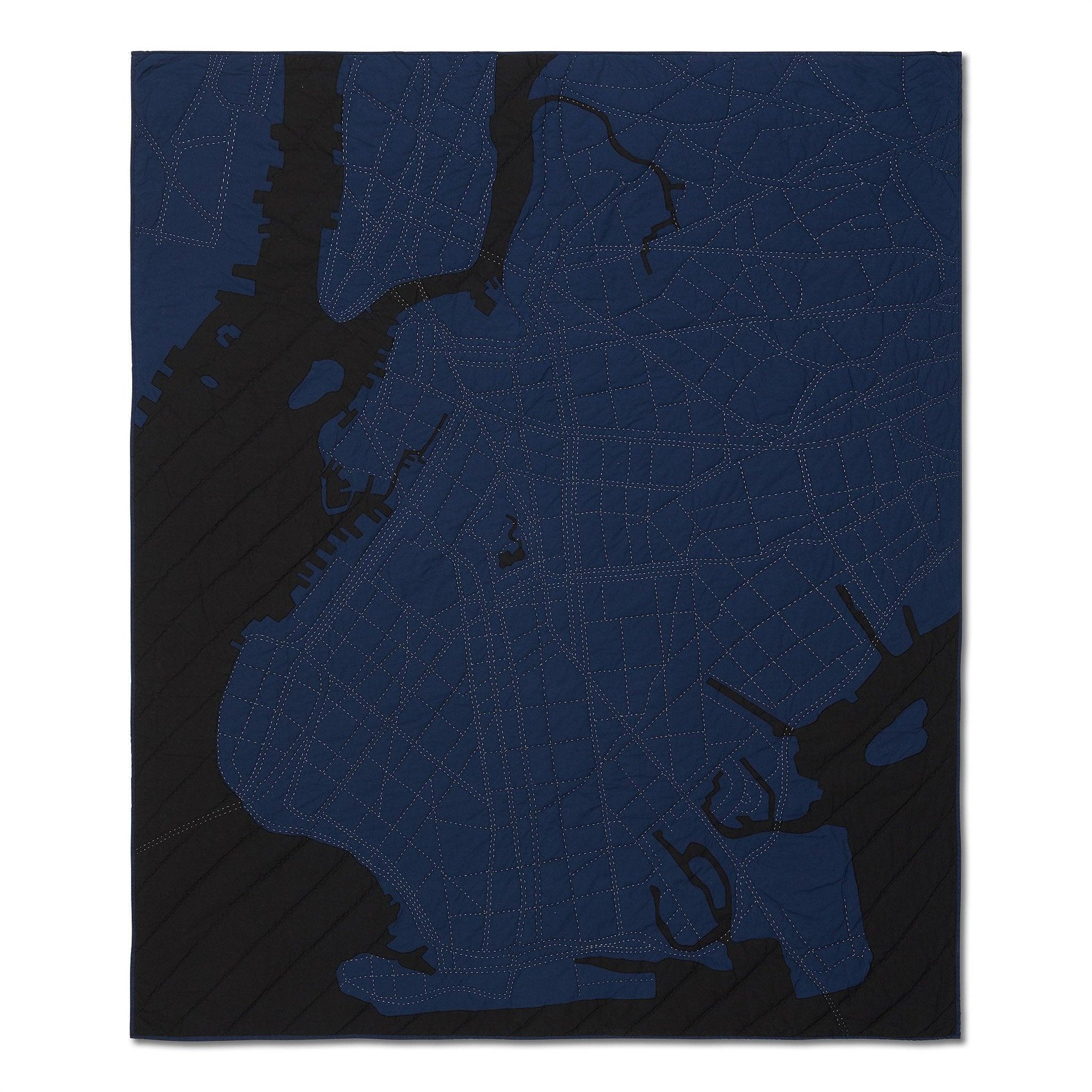 Heirloom Brooklyn map quilt, hand-stitched with dark blue cotton fabrics..