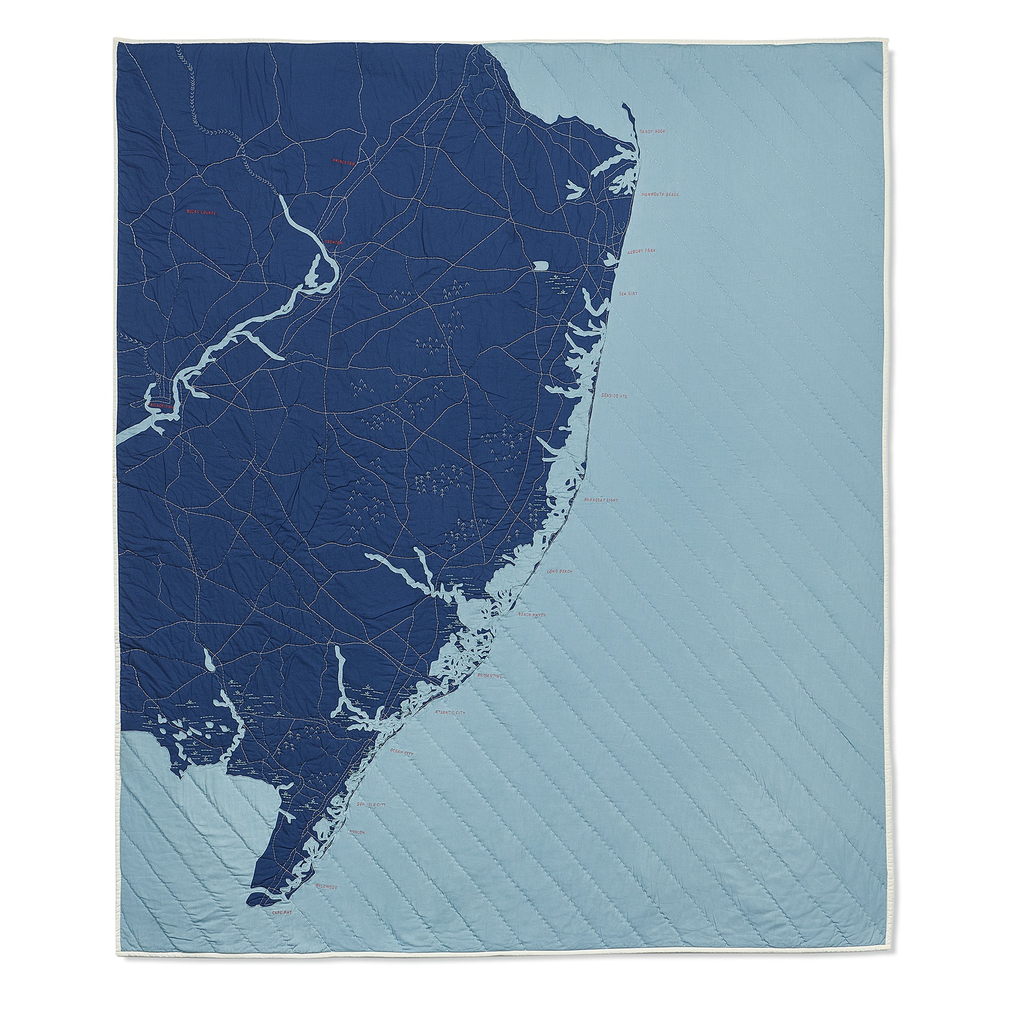 Map Quilt of the Jersey Shore in Steel blue and navy.