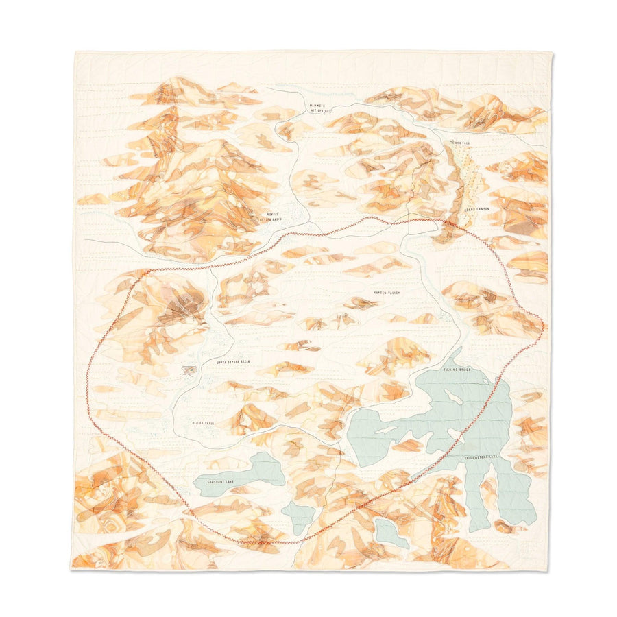 Yellowstone National Park Map Quilt with marbled cotton fabrics made in the famous pastel colors of the park's landscape and geologic wonders.